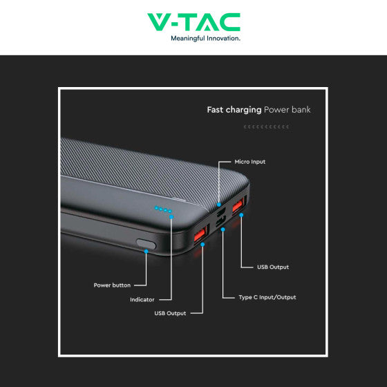 V-TAC VT-10000 POWER BANK PORTATILE 10000MAH CON RICARICA RAPIDA 22,5W PD E INDICATORE LED DI CARICA COLORE NERO - SKU 7831 - Consegna in 1-5 giorni lavorativi
