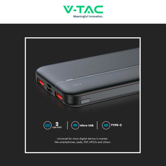 V-TAC VT-10000 POWER BANK PORTATILE 10000MAH CON RICARICA RAPIDA 22,5W PD E INDICATORE LED DI CARICA COLORE NERO - SKU 7831 - Consegna in 1-5 giorni lavorativi