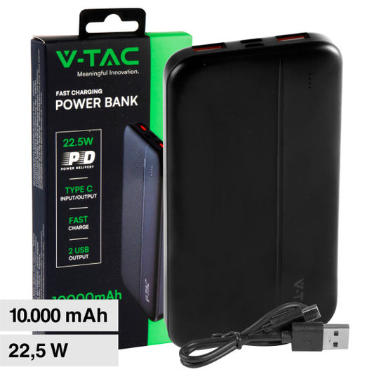 V-TAC VT-10000 POWER BANK PORTATILE 10000MAH CON RICARICA RAPIDA 22,5W PD E INDICATORE LED DI CARICA COLORE NERO - SKU 7831 - Consegna in 1-5 giorni lavorativi
