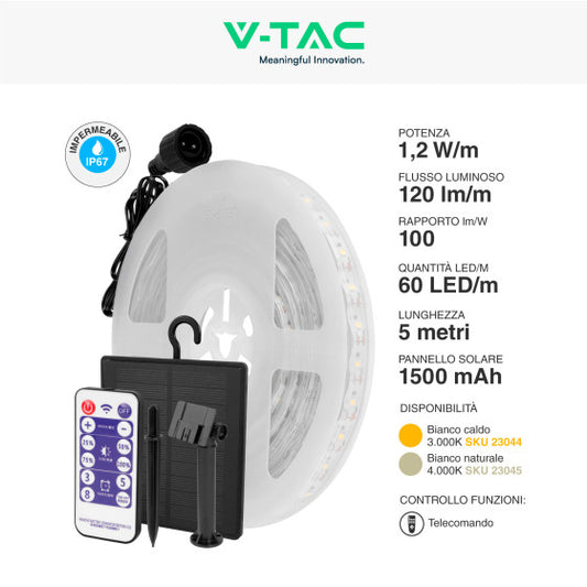 V-TAC VT-2835 STRISCIA LED FLESSIBILE 6W SMD 60 LED/M IP67 PANNELLO SOLARE E TELECOMANDO - BOBINA DA 5M - SKU 23044 / 23045 - Consegna in 1-5 giorni lavorativi