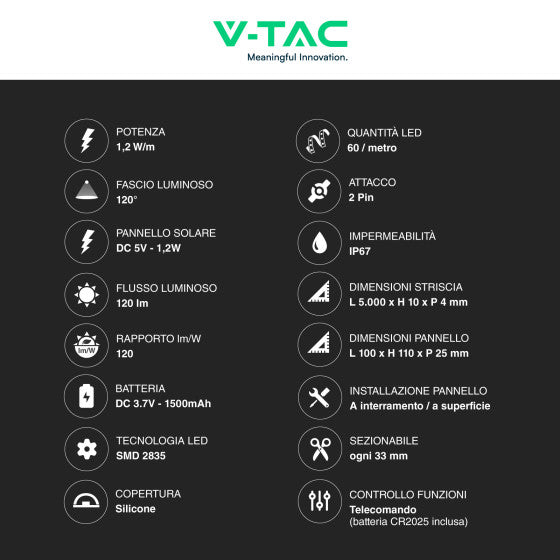 V-TAC VT-2835 STRISCIA LED FLESSIBILE 6W SMD 60 LED/M IP67 PANNELLO SOLARE E TELECOMANDO - BOBINA DA 5M - SKU 23044 / 23045 - Consegna in 1-5 giorni lavorativi