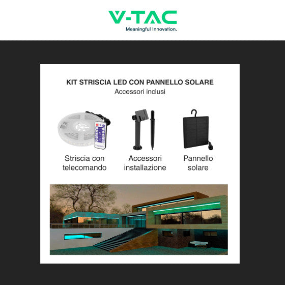 V-TAC VT-2835 STRISCIA LED FLESSIBILE 6W SMD 60 LED/M IP67 PANNELLO SOLARE E TELECOMANDO - BOBINA DA 5M - SKU 23044 / 23045 - Consegna in 1-5 giorni lavorativi
