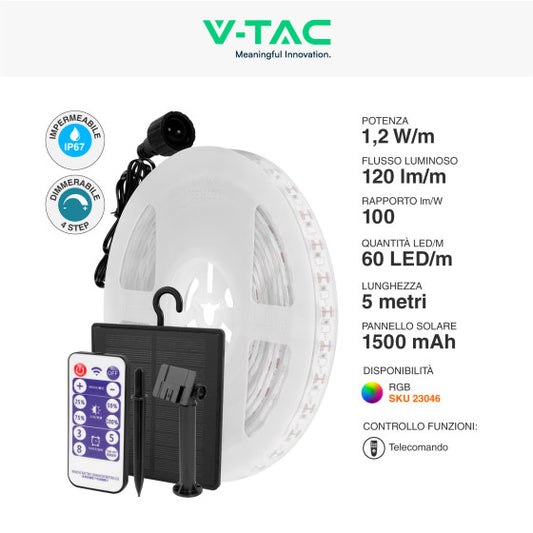 V-TAC VT-2835 STRISCIA LED FLESSIBILE RGB 6W SMD 60 LED/M IP67 PANNELLO SOLARE E TELECOMANDO - BOBINA DA 5M - SKU 23046 - Consegna in 1-5 giorni lavorativi