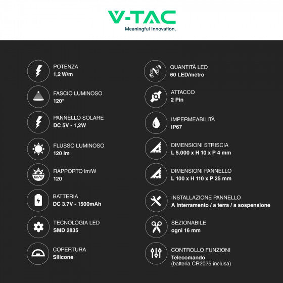 V-TAC VT-2835 STRISCIA LED FLESSIBILE RGB 6W SMD 60 LED/M IP67 PANNELLO SOLARE E TELECOMANDO - BOBINA DA 5M - SKU 23046 - Consegna in 1-5 giorni lavorativi