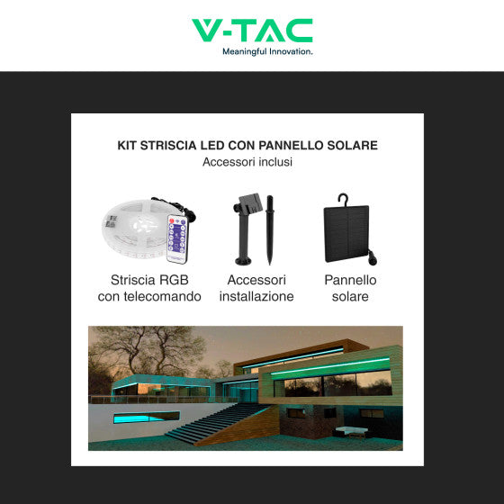 V-TAC VT-2835 STRISCIA LED FLESSIBILE RGB 6W SMD 60 LED/M IP67 PANNELLO SOLARE E TELECOMANDO - BOBINA DA 5M - SKU 23046 - Consegna in 1-5 giorni lavorativi