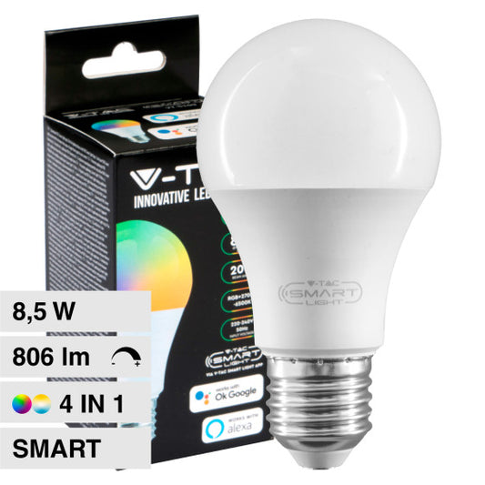 V-TAC SMART VT-5109 LAMPADINA LED WI-FI E27 8,5W BULB A60 GOCCIA SMD RGB+W CHANGING COLOR CCT DIMMERABILE - SKU 2998 - Consegna in 1-5 giorni lavorativi