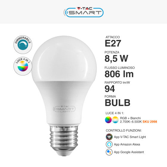 V-TAC SMART VT-5109 LAMPADINA LED WI-FI E27 8,5W BULB A60 GOCCIA SMD RGB+W CHANGING COLOR CCT DIMMERABILE - SKU 2998 - Consegna in 1-5 giorni lavorativi