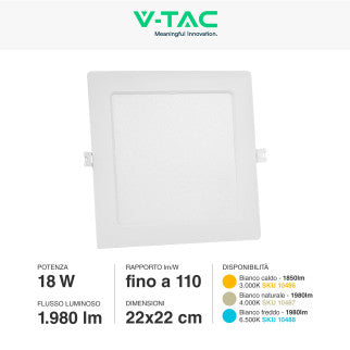 V-Tac VT-61018 Pannello LED Quadrato 18W SMD da Incasso con Driver - SKU 10486 / 10487 / 10488