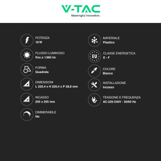 V-Tac VT-61018 Pannello LED Quadrato 18W SMD da Incasso con Driver - SKU 10486 / 10487 / 10488