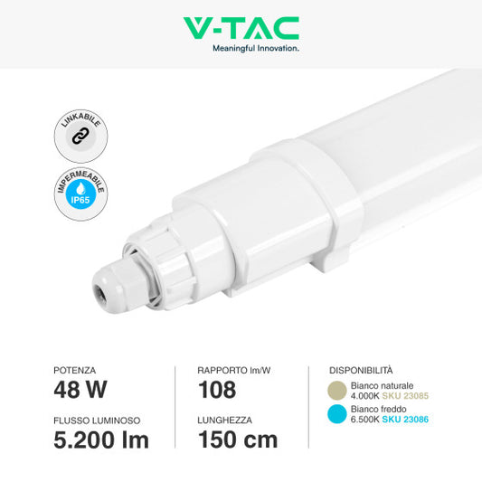 V-TAC VT-80150 TUBO LED 48W SMD LAMPADINA 150CM PLAFONIERA LINKABILE IP65 - SKU 23085 / 23086 - Consegna in 1-5 giorni lavorativi